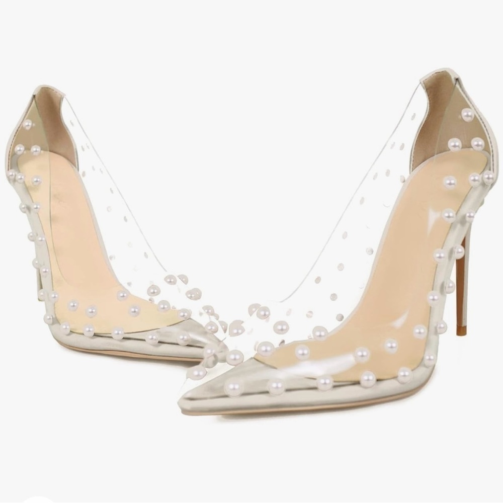 Women's Pumps 4inch (11cm) Pointed Toe High Heels Pearl Studded PVC Clear Heels - Picture 7 of 7